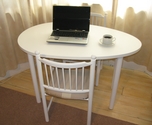 White egg-shaped desk or dining table and two chairs - SOLD