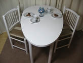 White egg-shaped desk or dining table and two chairs - SOLD